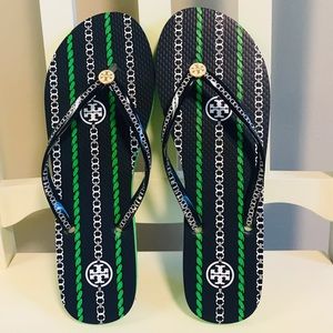 Tory Burch Green & Navy Eva Flip Flops NWT